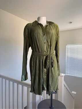 Aiden Olive Green Pleated Shirt Dress with Waist Tie